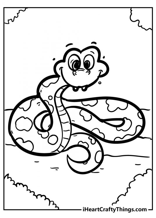 Picture for kids featuring funny cartoony snake with two sharp teeth and spotted body