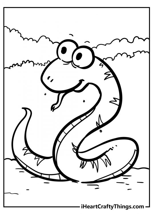Coloring page of a cute cartoony snake with big round eyes posing next to some bushes