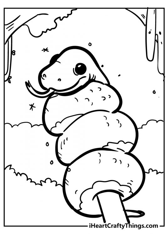 Printable coloring sheet featuring cute looking snake curled tightly around a branch