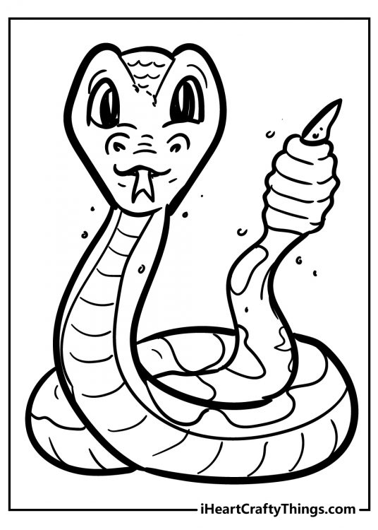 Snake-themed coloring page featuring rattlesnake looking pretty happy and friendly