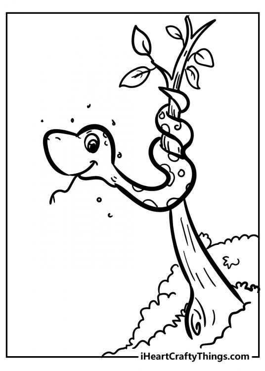 Printable drawing for children featuring baby snake curled around a branch with some leaves at its end
