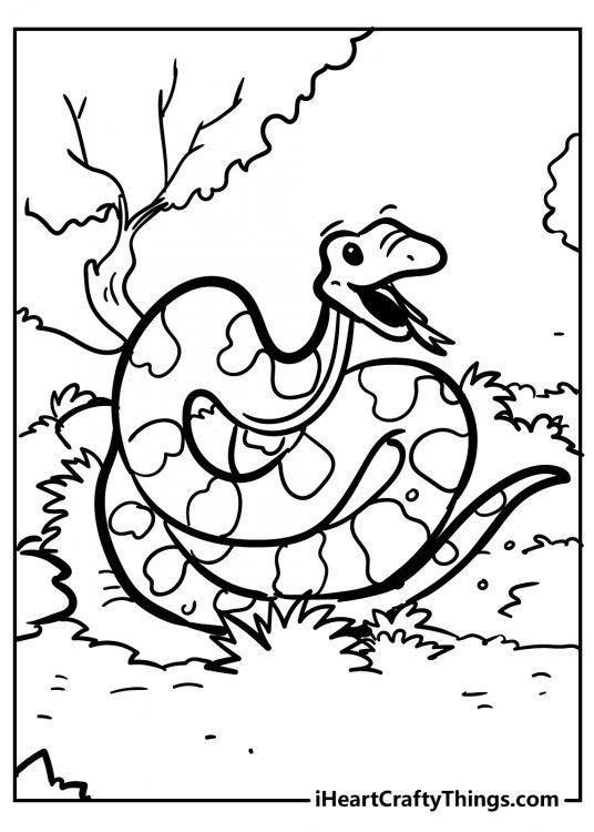 Coloring image for children featuring happy looking snake coiled up on the grass