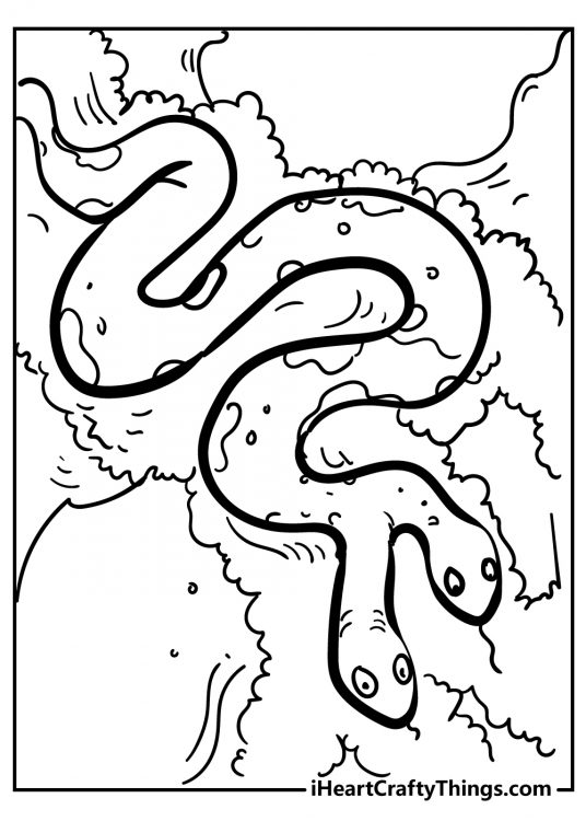 Coloring image presenting unusual two-headed snake with greenery in the background