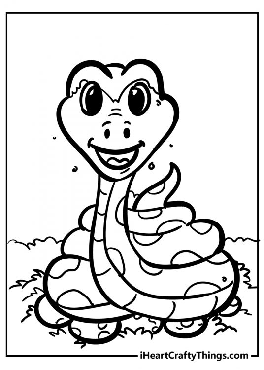 Free coloring sheet for kids presenting cartoony mother snake sitting atop her eggs