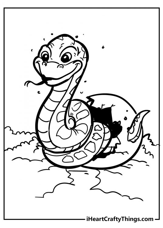 Detailed coloring picture for children capturing little snake hatching from an egg