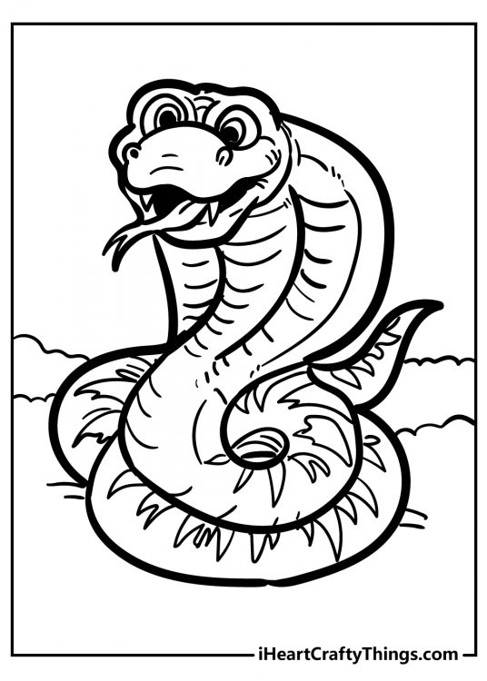 Snake coloring sheet presenting happy looking cobra coiled around itself with head raised up