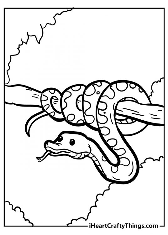 Printable page presenting snake wrapped around a branch with some greenery in the background