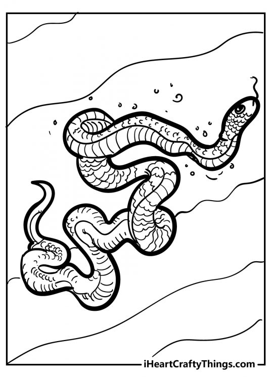 Printable coloring sheet for kids featuring long snake swimming through the water