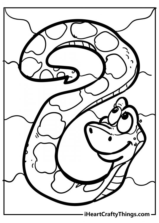 Free printable for kids presenting cartoony friendly-looking snake with spotted body