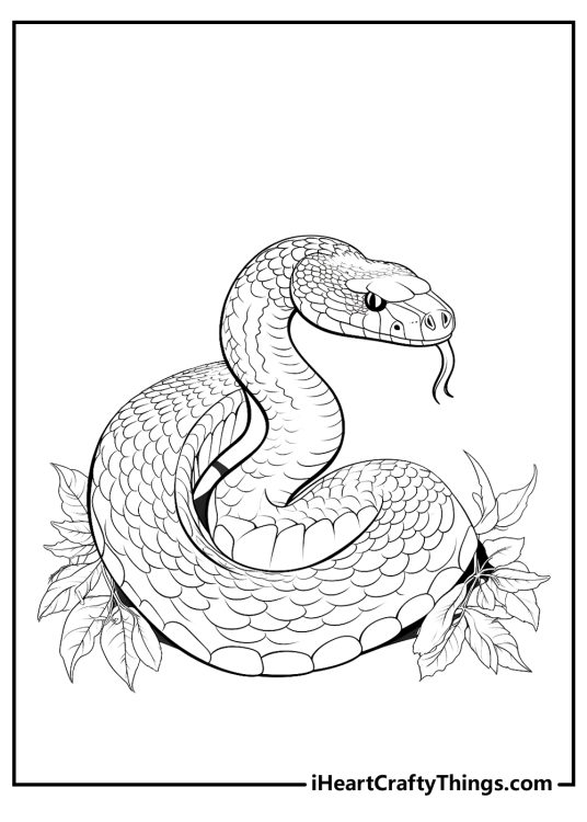 Picture of a realistic snake with many small scales all over the body laying surrounded by some leaves