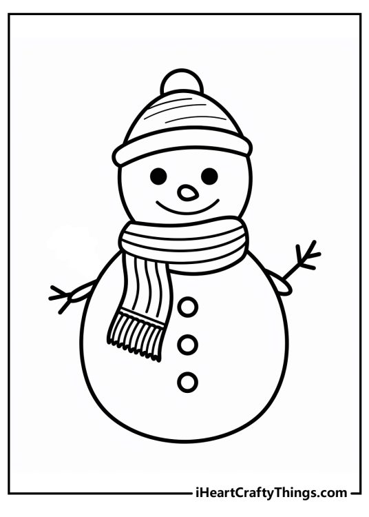 Coloring page for pre-schoolers presenting adorable snowman with hat and scarf drawn in a simple style