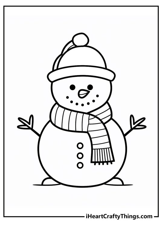Printable pdf for kids presenting little playful snowman with stick arms and clear background behind him