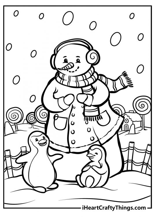 Coloring sheet featuring snowman and two penguins with giant lollipops in the background