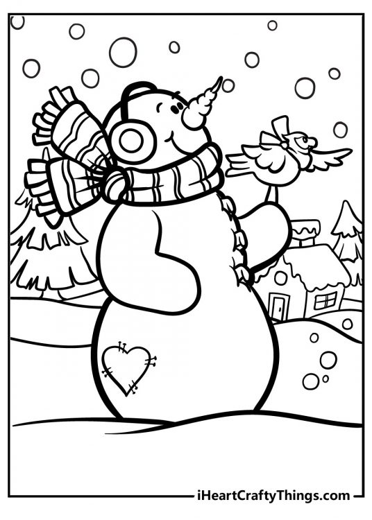 Picture featuring cartoony snowman with a bird perched on his left arm facing right side
