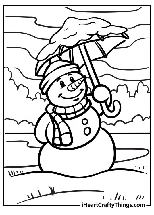 Detailed picture featuring snowman holding an umbrella with heavy snow gathering on top of it