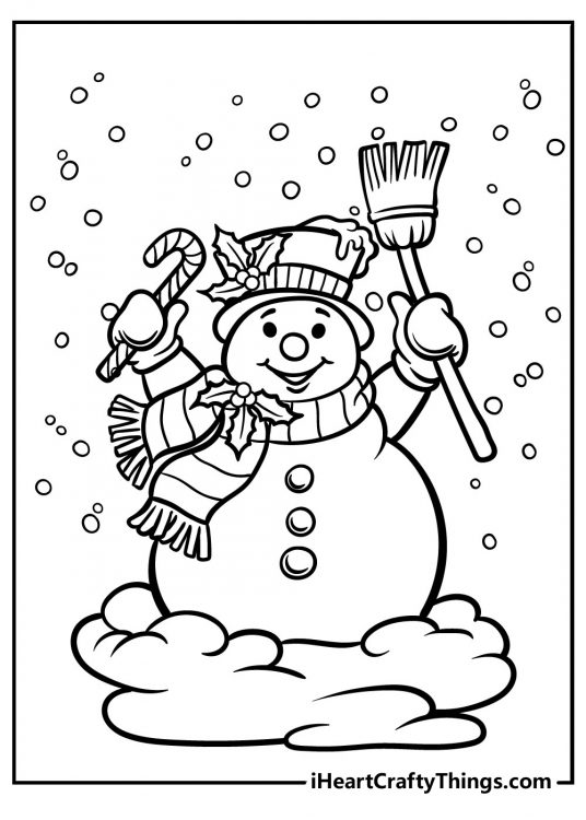 Coloring sheet depicting happy snowman waving with a broom and a candy while standing on a snow cloud