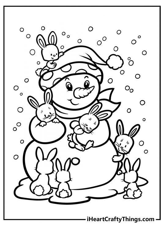 Free printable for kids featuring snowman cuddling a whole bunch of adorable little bunnies