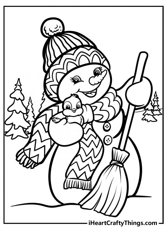 Picture of a super cute snowman hugging an adorable little bird and holding a broom