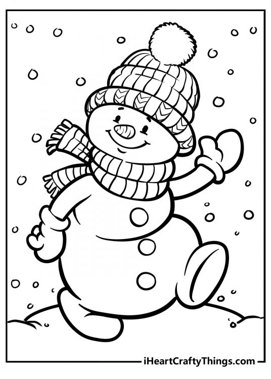 Coloring book page for children featuring smiling snowman walking on a snowy day and waving to us