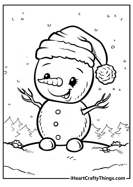 Picture for pre-schoolers featuring cute snowman with pointy carrot nose Christmas hat and three buttons