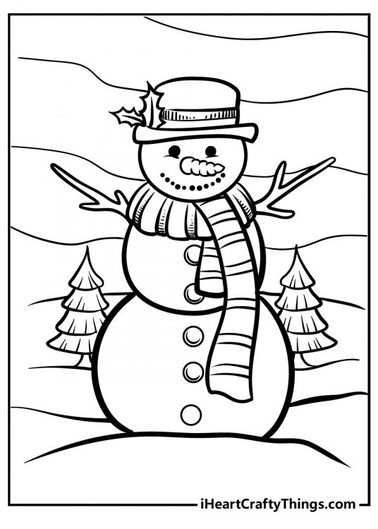 Coloring page featuring highly-detailed snowman on a hill with wavy lines in the background