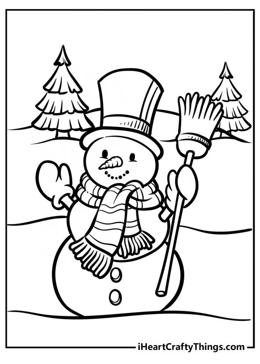 Picture to print and color featuring cute smiling snowman holding a broom in his left hand