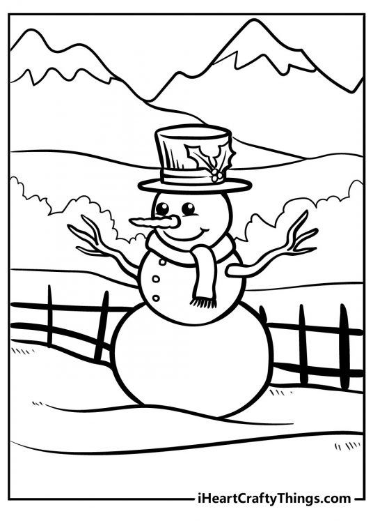 Coloring printable presenting snowman with a fence and snowy mountains in the background