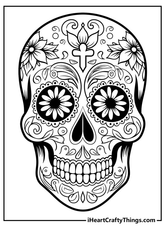 Detailed drawing of a Sugar Skull with flower designs in large eye sockets and a cross on the forehead