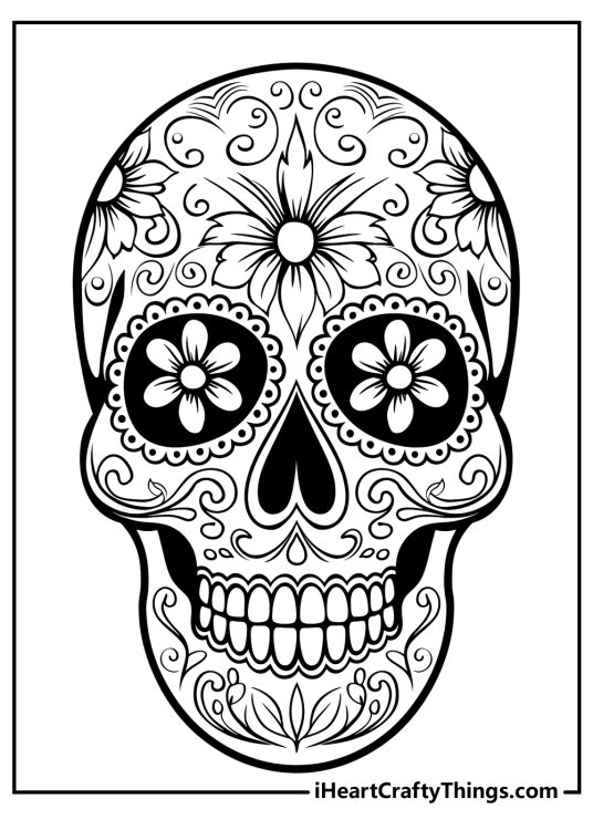 Free coloring page depicting an elegant flowery Sugar Skull with detailed and realistic teeth