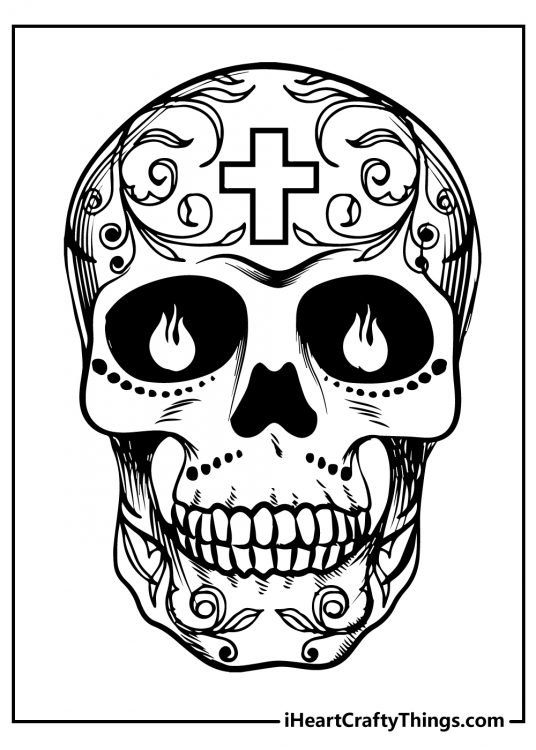 Coloring page featuring Sugar Skull with flames in the eyes and a big cross on the forehead