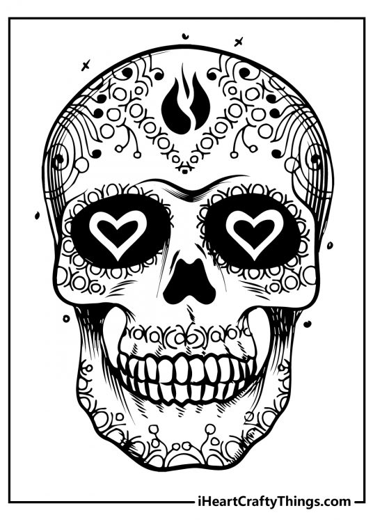 Printable image of a Sugal Skull with big hearts in the eyes and flame on the forehead