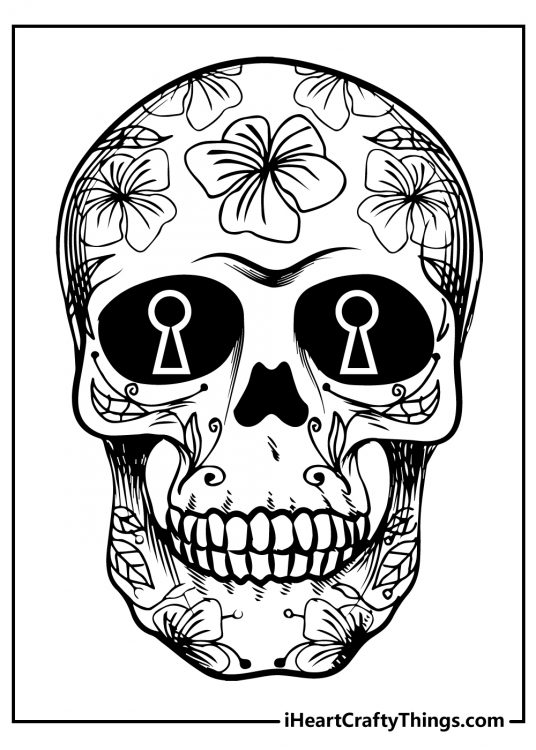 Coloring sheet featuring Sugar Skull decorated with flowers and keyhole patterns in the eyes