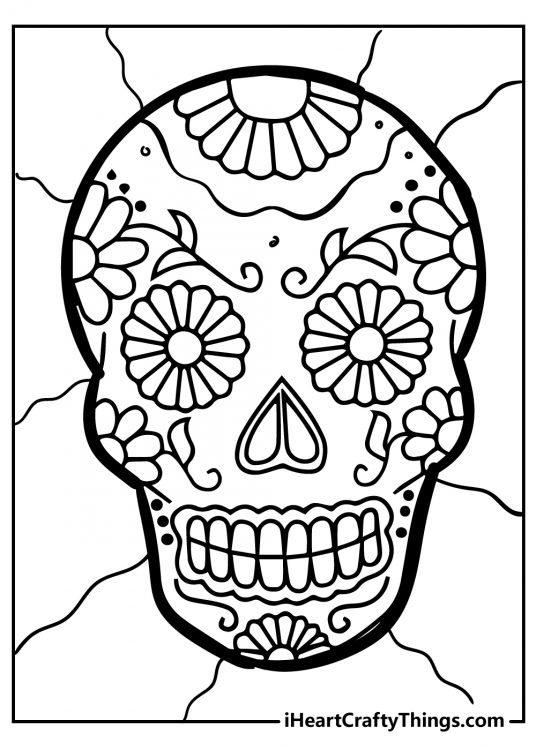 Sugar Skull printable image to color featuring skull decorated with flowers and swirls