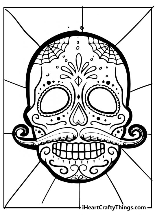 Printable page presenting mustachioed Sugar Skull with some cobwebs at the top of forehead