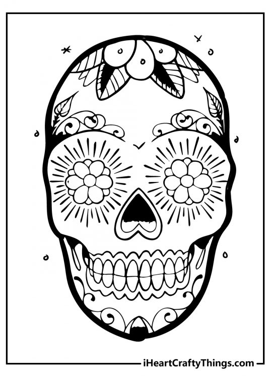 Detailed Sugar Skull coloring sheet featuring skull decorated with leaves and berries on the forehead