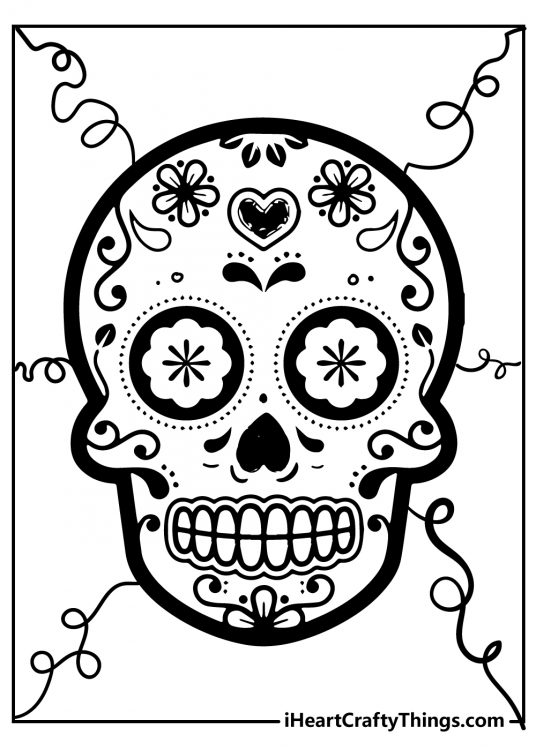 Free printable featuring Sugar Skull with heart on the forehead and dots circling the eye areas