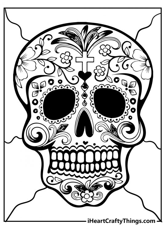 Detailed coloring poster featuring Sugar Skull decorated with various swirls, flowers and leaves