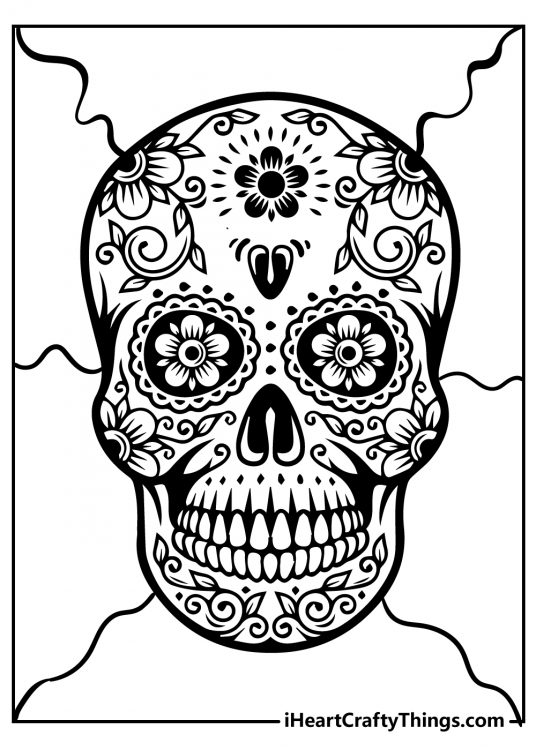 Detailed coloring image presenting a Sugar Skull decorated with flowery motives