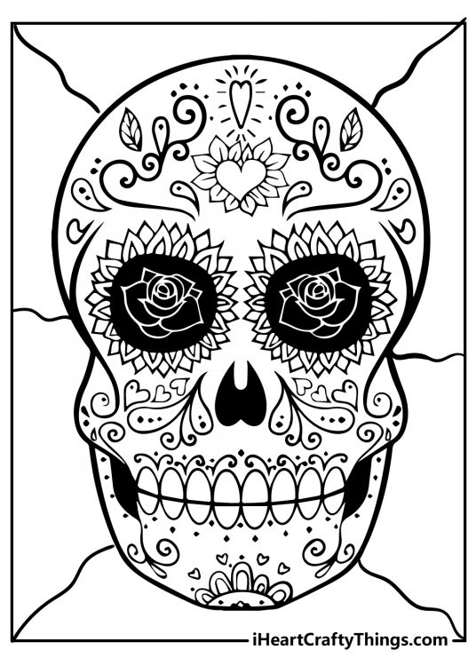 Printable coloring image for adults featuring Sugar Skull decorated with hearts, flowers and swirls