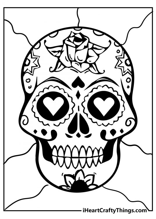 Paga to color presenting Sugar Skull with a big rose on the forehead and hearts in the eyes