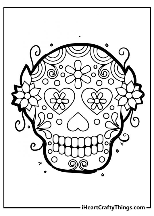 Printable image for kids of a Sugar Skull with heart-shaped nose fully decorated with flowers