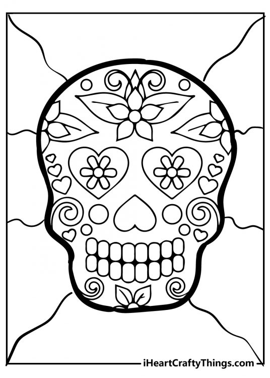 Free Sugar Skull printable presenting skull decorated with various flowers, hearts and swirls