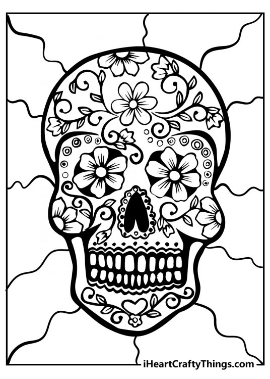 Sugar Skull printable depicting floral skull with flowers in the center of each eye and the mouth grinning with teeth