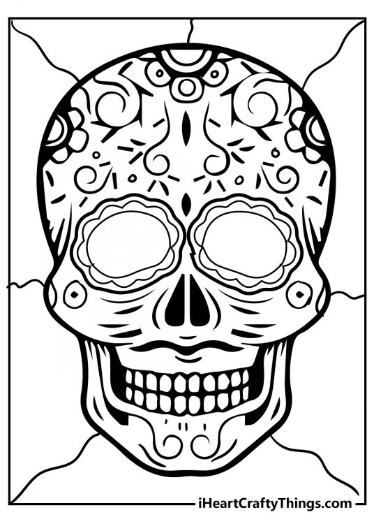 Detailed black-and-white image to print featuring Sugar Skull decorated with various swirls
