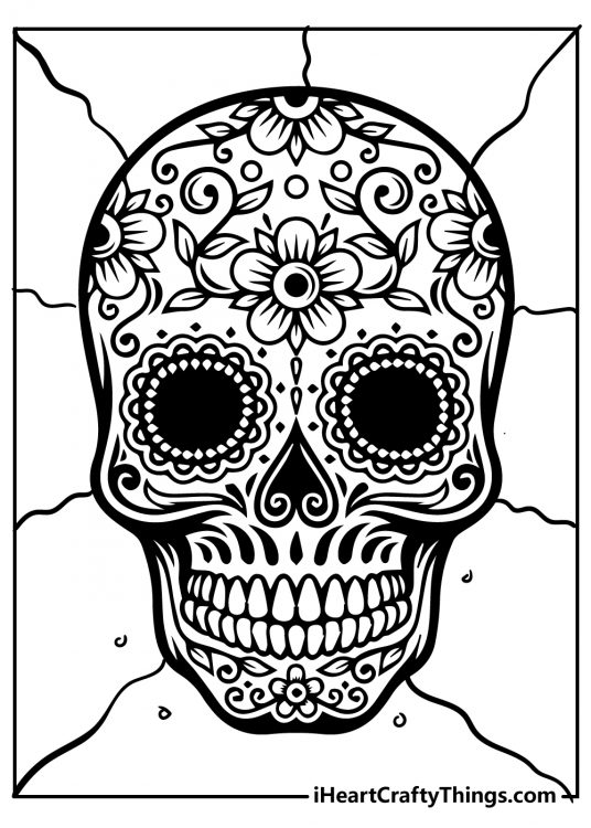 Detailed printable coloring picture of a Sugar Skull covered with many small and intricate details