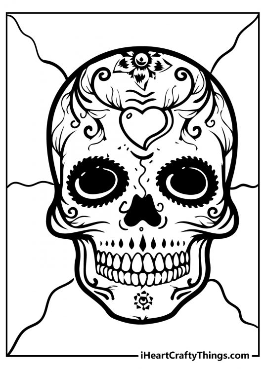 Sugar Skull coloring printable featuring skull decorated with a mixture of hearts and flowers