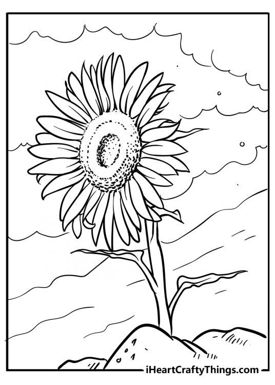 Free printable coloring sheet for kids presenting beautiful sunflower on a cloudy day