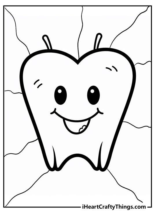 Printable coloring page featuring happy tooth with round black eyes, smiling mouth and two antennae