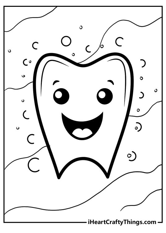 Printable page of a tooth with big round eyes and smiling mouth surrounded by bubbles and water in the background
