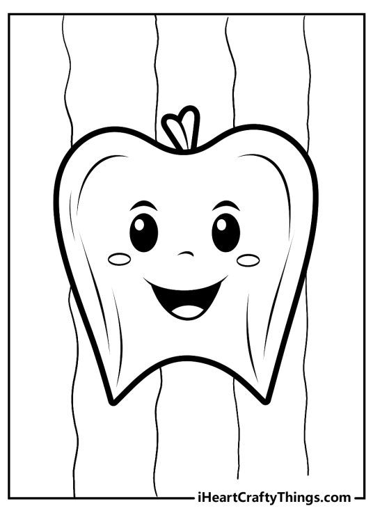 Coloring page featuring cheerful tooth with a big smile and vertical lines in the backround
